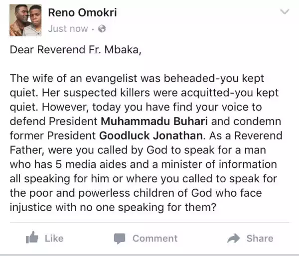 Message to Reverend Mbaka from Reno Omokri
